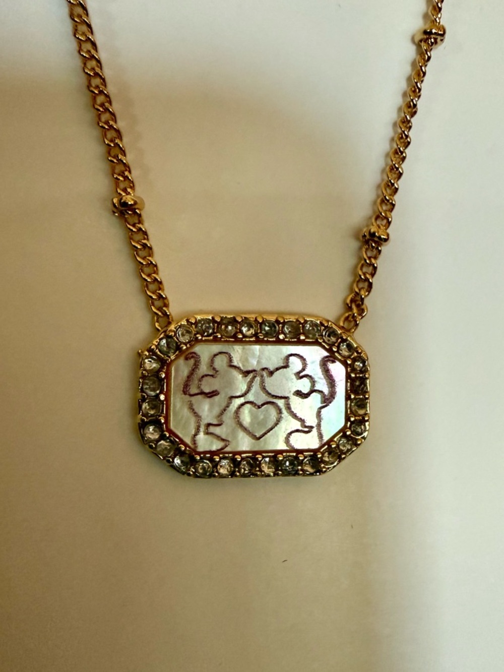 Disney Gold-Tone Crystal Frame Mother of Pearl Necklace Mouse Silhouettes - NWT